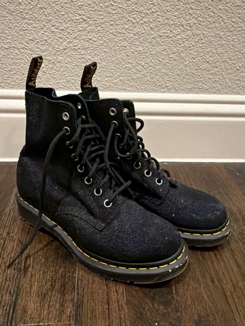 Dr. Martens Black Canvas Lace-Up Combat Boots with Yellow Stitching
